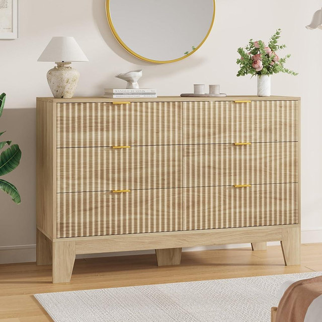 Garvee 6 Drawer Dresser for Bedroom, 47" Wide Fluted Chest of Drawers with Metal Handle, Modern Wooden Dresser TV Stand, Clothes Storage Organizer Wood Closet for Hallway, Entryway, Natural Oak