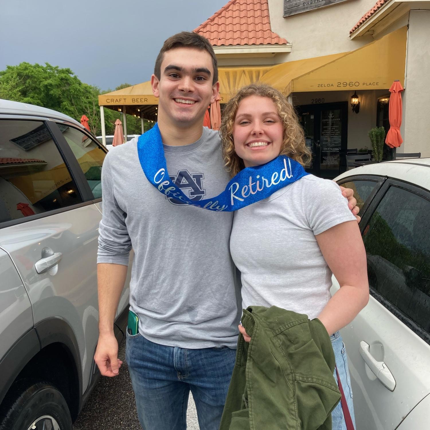 March 30, 2025. Abby and Whit get to see each other for the first time after retiring from collegiate diving! Thank you Mom for the cute sash!