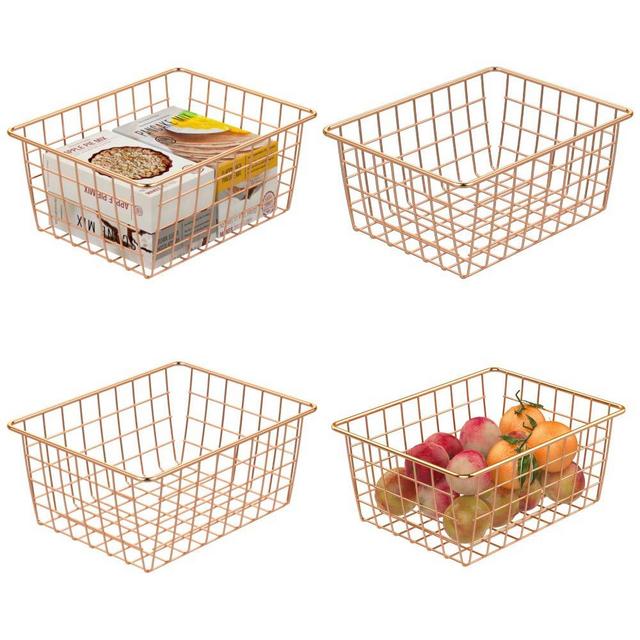 Wire Basket, Cambond 4 Pack Wire Baskets for Storage Durable Metal Basket Pantry Organizer Storage Bin Baskets for Kitchen Cabinets, Pantry, Bathroom, Countertop, Closets (Rose Gold)