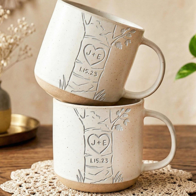 Personalized Engraved Couple Pottery Mug, Wedding Gift, Custom Carved Initials In A Heart Tree Couple Mug, Engagement Gifts, Newlywed Gift