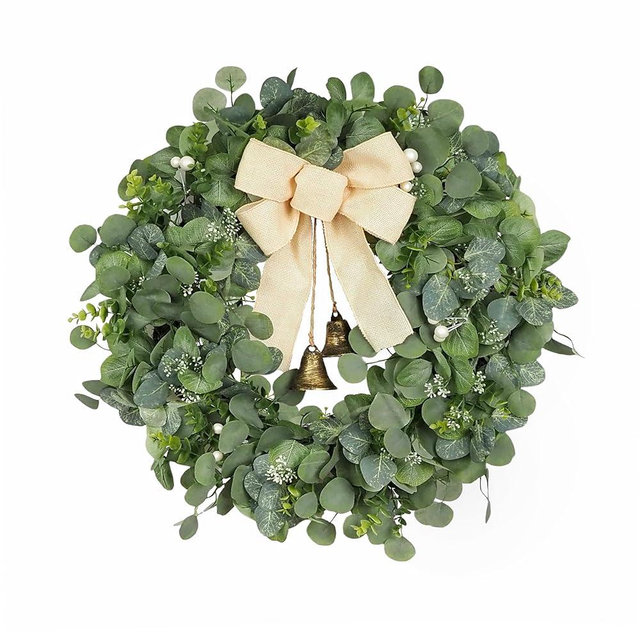 26" Large Eucalyptus Wreath with Burlap Bow and Metal Bells for Front Door, Porch, Window - Green Decor for Home, Farmhouse - Spring, Summer, Fall, All Seasons
