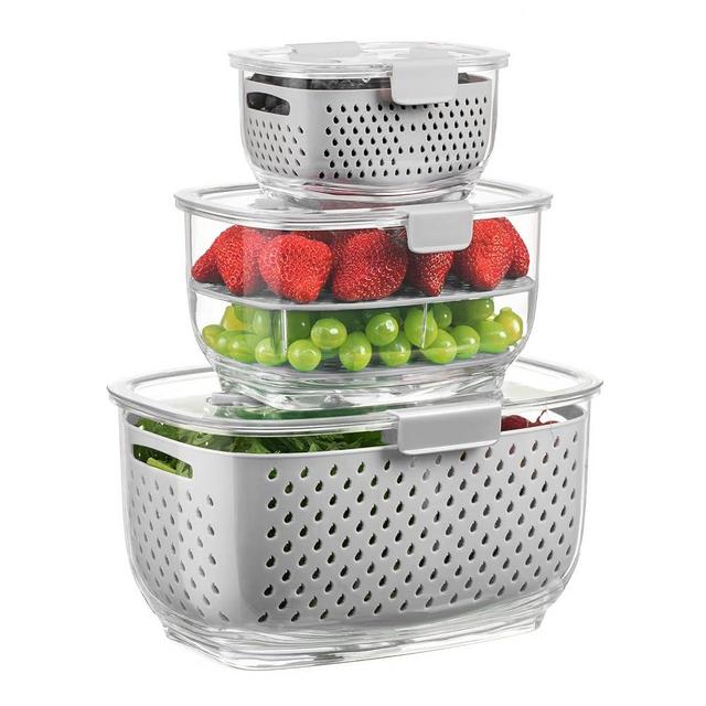 LUXEAR Fresh Produce Vegetable Fruit Storage Containers 3Piece Set, BPA-free Fridge Storage Container, Partitioned Salad Container, Fridge Organizers, Used in Storing Fruits Vegetables, Gray