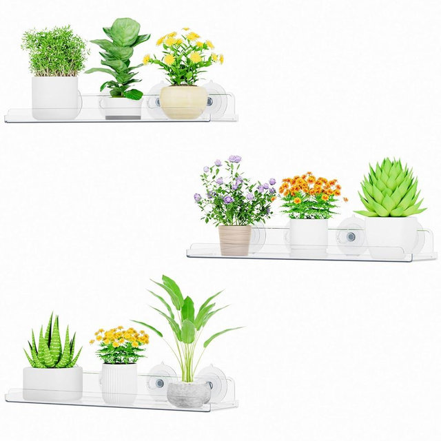 Lifewit Window Plant Floating Shelves 15 x 4 inch, 3 Pack Acrylic Suction Cup Shelf, Window Sill Extender for Indoor Succulent Plants, Micro Greens, Seed Starter Pots, Herb Planters