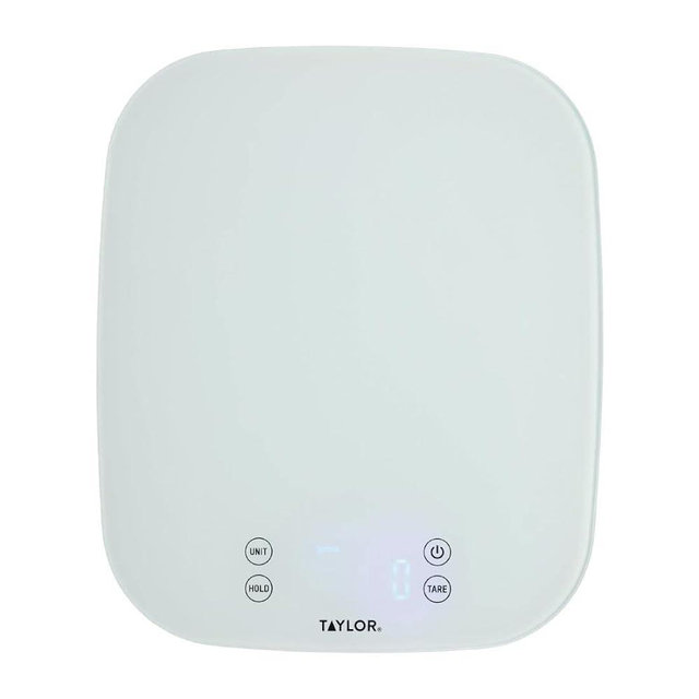 Taylor Pro Digital Kitchen Food Scales, Compact Professional Standard with Precision Accuracy and Waterproof Design with Tare Feature, White Glass, Weighs 14 kg/14 L Capacity