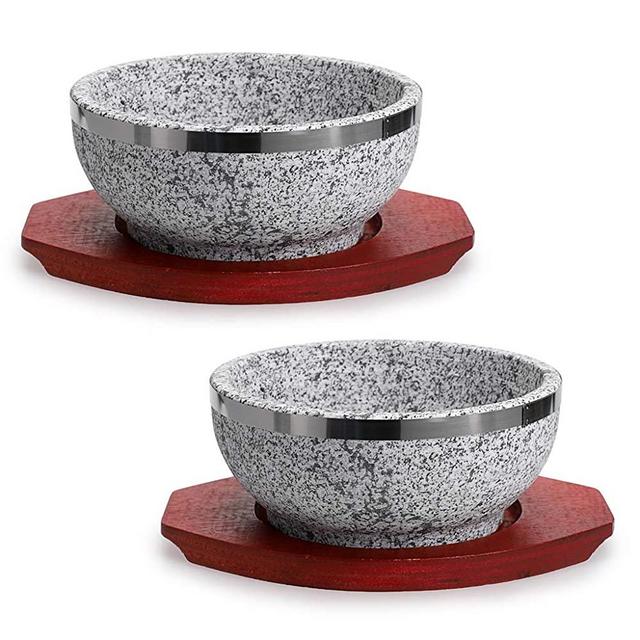 MDLUU 2 Pcs Dolsot Bibimbap Bowl, Granite Stone Bowl with Wood Base, Dolsot Pot for Korean Soup, Rice and Stew