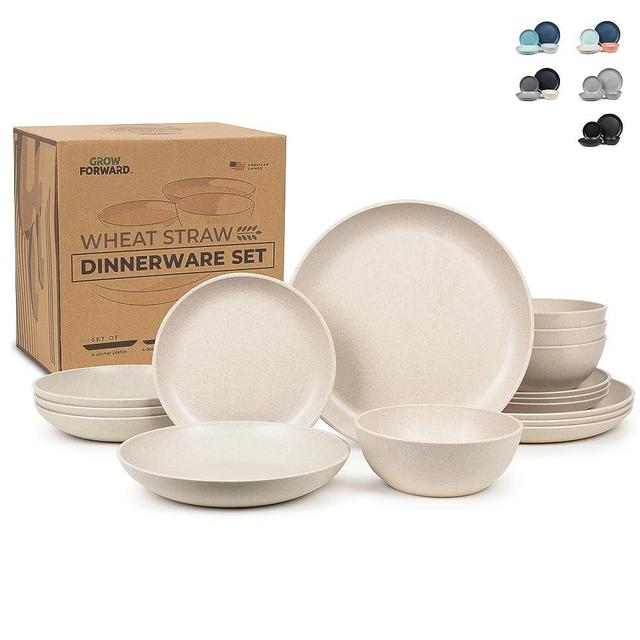 Grow Forward 16-piece Premium Wheat Straw Dinnerware Sets for 4 - Dinner Plates, Dessert Plates, Pasta Bowls, Cereal Bowls - Microwave Safe Plastic Plates and Bowls Sets, RV, Camping Dishes - Sahara