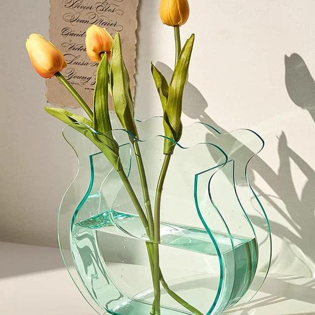 Yiluana Acrylic Flower Vase Fish Tank for Small Goldfish Make-up Brush/Pen Holder Elegant Modern Contemporary Design Vase for Home Office Wedding Decor (Green Glass, Flower)