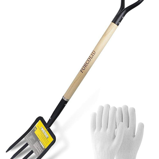 FORCOLID Garden Fork, 4-Tine Spading Digging Fork, Pitch Fork-45Inch, Forged Steel Y-Grip, Wood Handel-Red