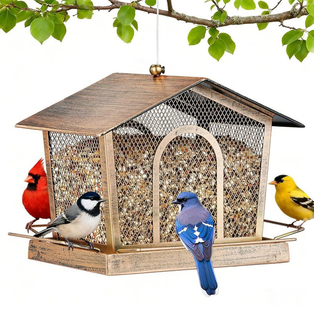 LBTING Bird Feeder for Outside, Metal House-Shaped Bird Feeder, Squirrel Proof Wild Bird Feeders for Hanging Outdoor Garden Yard - Gold