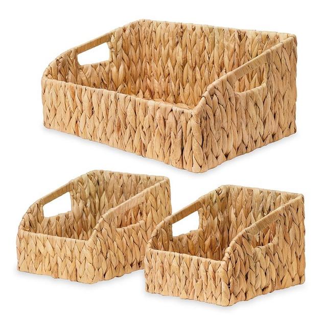 Stylave Pantry Organizers, Wicker Baskets for Organizing with Handles, Handwoven Wicker Storage Basket, Water Hyacinth Storage Bins Baskets for Shelves, Boho Decoration, 3 Pack,Natural