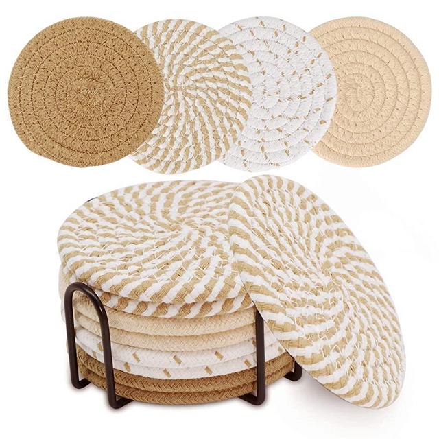 Coomin Coasters with Holder, 8pcs Absorbent Coasters for Drinks, Cotton Woven Farmhouse Coasters for Coffee Table, Suitable for Home Decor and Kinds of Cups