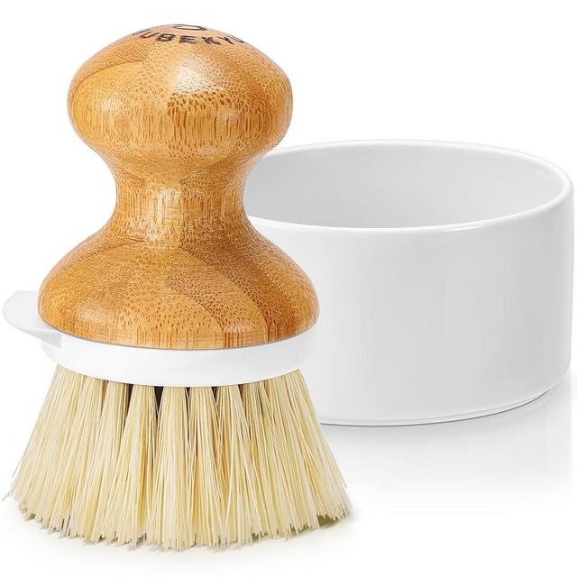 SUBEKYU Bamboo Dish Brush, Kitchen Dish Scrubber Brush with Soap Dispenser, Natural Wooden Dishwashing Brush for Cleaning Dishes/Pans/Pots, Built-in Scraper, Sisal Bristles,1 Set
