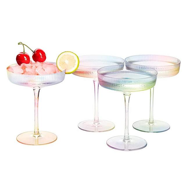 Vintage Art Deco Colored Coupe Glasses with Stems - Ripple Ribbed 8oz Classic Crystal Cocktail Coupes Perfect for Champagne, Martini, Speakeasy Goblets (Pack of 4, Iridescent)