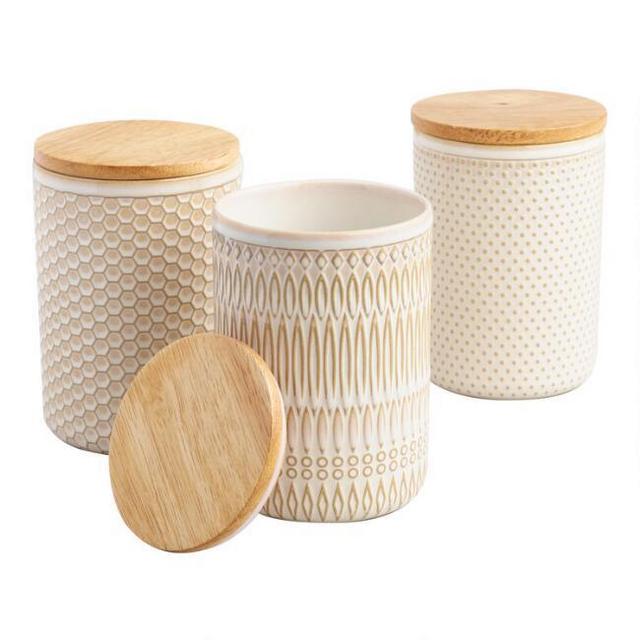 Textured Ceramic Storage Canisters with Wood Lids Set of 3