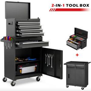 Tool Box on Wheels, 2-in-1 5-Drawer Rolling Tool Box Organizer with Wheels Lockable, Metal Tool Cabinet W/Storage Box, Black