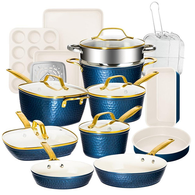 Gotham Steel 20 Pc Hammered Kitchen Cookware Set, Pots and Pans Set Nonstick Ceramic Cookware + Bakeware Set for Kitchen, Induction Cookware Set/Dishwasher/Oven Safe, Healthy and Non Toxic