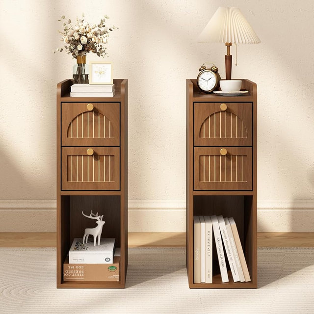 WINWY 7.87" Narrow Nightstand Set of 2, Fluted Slim Bedside Table with 2 Drawers, Mid Century Modern Small End Table with Gold Metal Handles, for Bedroom, Living Room & Small Spaces - Walnut