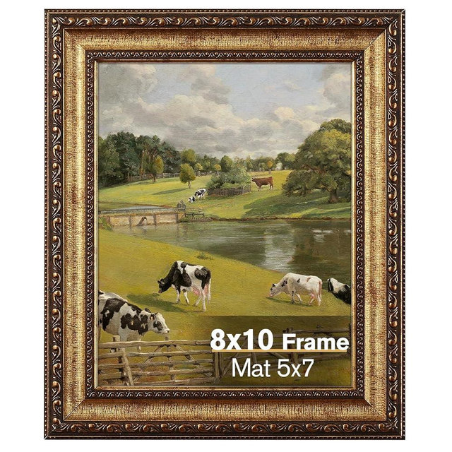 Splinterix 8x10 Gold Picture Frame, Ornate Vintage Picture Frames for Wall or Tabletop Display, 8x10 Photo Frame Gold with Real Glass, Display Poster 5x7 with Mat or 8x10 without Mat for Antique Déco