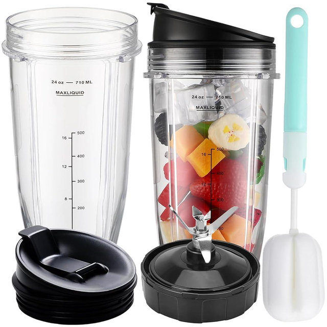 Blender Replacement Parts for Ninja, 24oz NinjavBlender Cups with To-Go Lids & 7 Fins Extractor Replacement Blade for Ninja Auto iQ Blenders BL480-30 BL642-30 BL682-30 BN401 BN751 BN801 BL2012 NN102