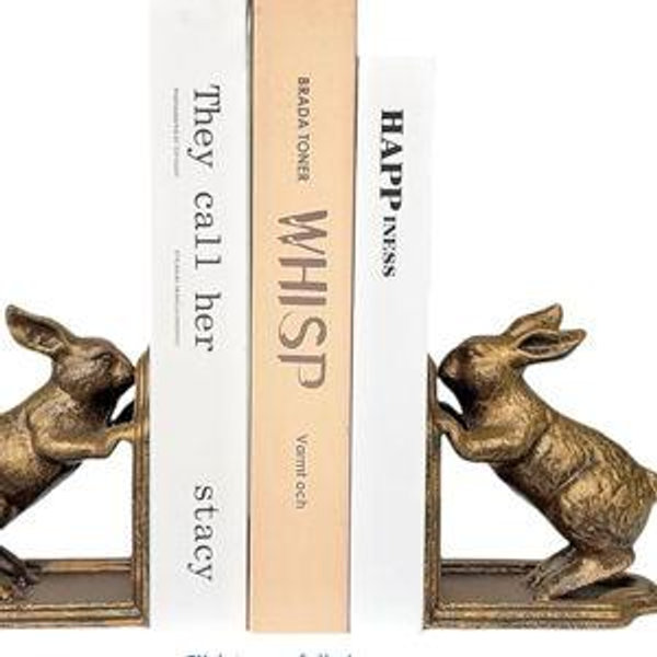 Decorative Bookends Antique Gold Bunny Book Ends, Heavy Duty Cast Iron Book Ends for Shelves,Unique bookends for Heavy Books, Vintage Decor 5.3 lbs