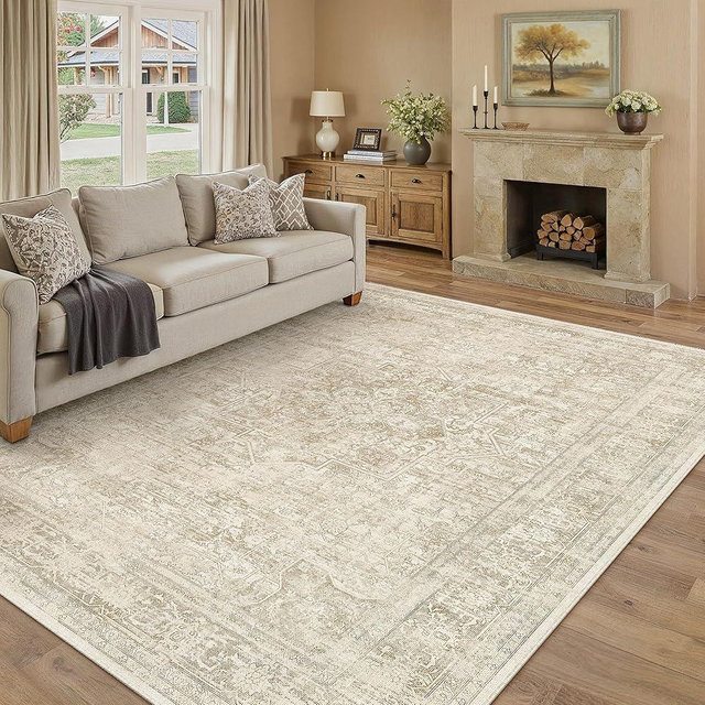 PureCozy 8x10 Area Rug Washable Living Room Bedroom Carpet Vintage Distressed Large Non Slip Low Pile Thin Cream Beige Dining Room Office Medallion Accent Throw Rug
