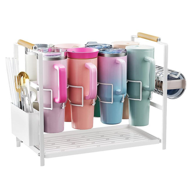 Housolution Water Bottle Organizer Drying Rack for 40 oz Tumbler with Handle, Multifunctional Cup Storage Holder Compatible with Stanley, Owala, Simple Modern and Other Brands, White (Patented)