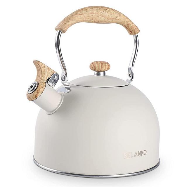 Tea Kettle, BELANKO 85 OZ / 2.5 Liter Whistling Tea Kettle, Tea Pots for Stove Top Food Grade Stainless Steel with Wood Pattern Folding Handle, Loud Whistle Kettle for Tea, Coffee, Milk - Milk White