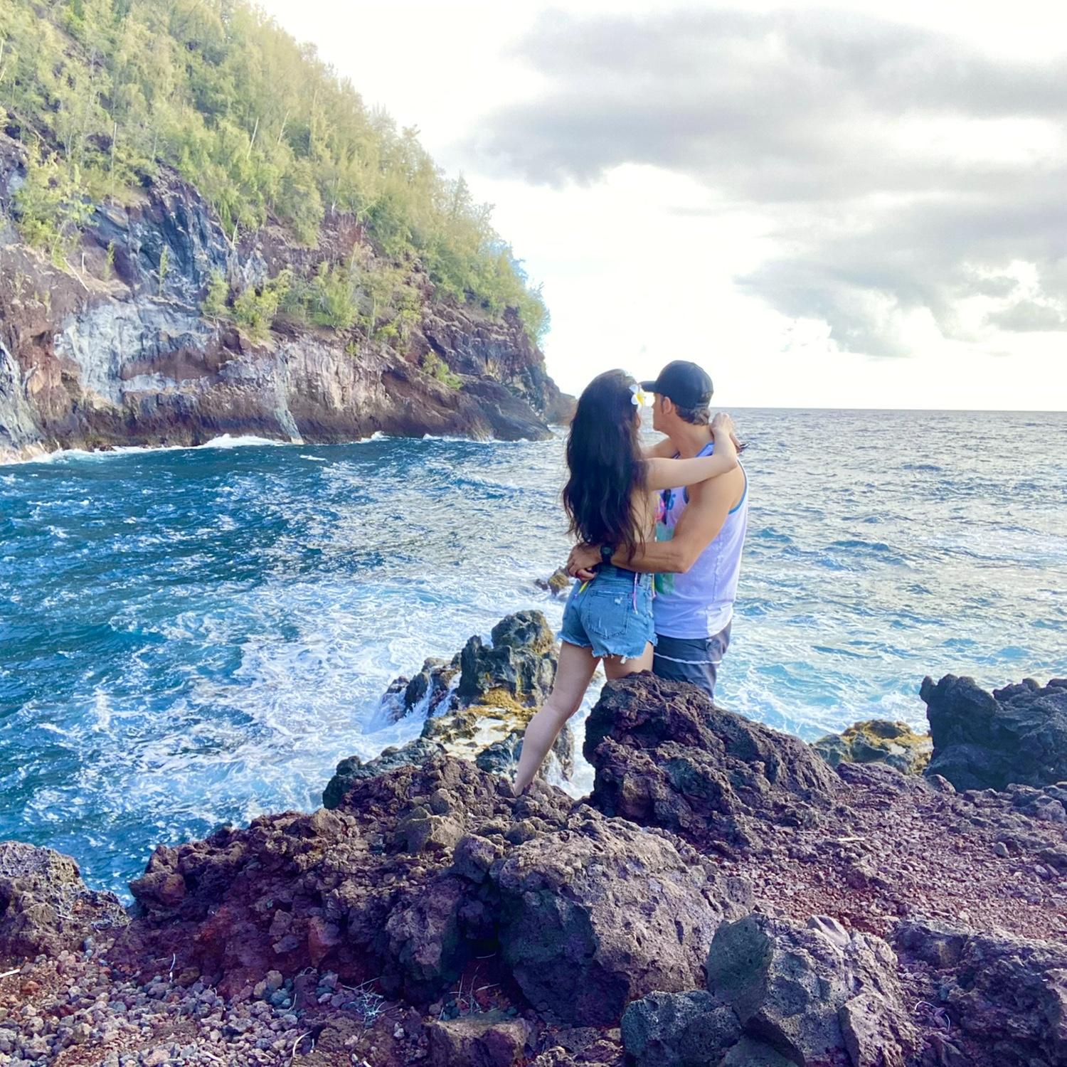 The red beach on the Road to Hanna on Maui in Hawaii during our engagement trip
