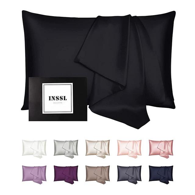 INSSL Silk Pillowcase for Women, Mulberry Silk Pillowcase for Hair and Skin and Stay Comfortable and Breathable During Sleep. (Black, 20"×26")