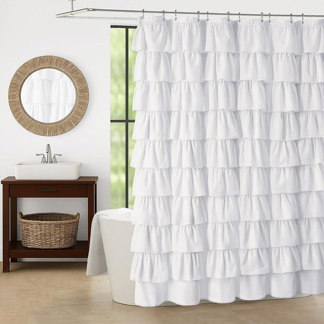 XOGUIBO White Ruffle Shower Curtains for Bathroom, Farmhouse Fabric Cute Ruffled Chic Shower Curtain, 72" W x 72" L