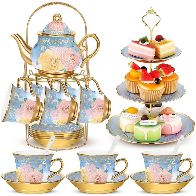 Suttmin 21pcs Porcelain Teapot Parties Set with Metal Holder and Cupcake Stand Ceramic Tea Pot Cups Saucers Cupcake Tier Tower for Women Girls European Parties Weddings Gifts(Blue,Vivid)