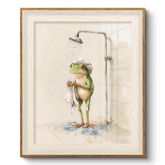 VIYYIEA Framed Canvas Wall Art, Funny Frog Bathroom Wall Art, Whimsical Frog Shower Painting, Cute Animal Bathroom Decor for Kids Guest Bath Farmhouse Home, 10x12 Inch