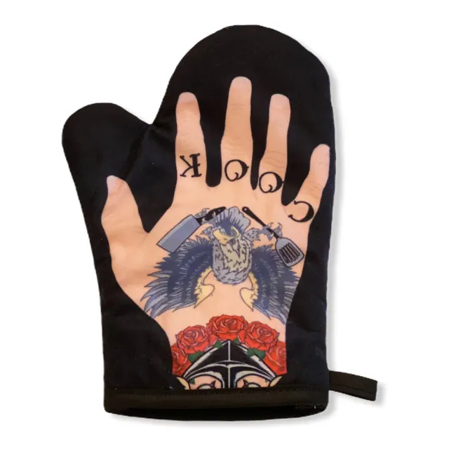 Mens Tattoo Hand Oven Mitt Funny Cook Tats Ink Graphic Novelty Kitchen Accessories - Crazy Dog Bakeware For Foodies Black Oven Mitt