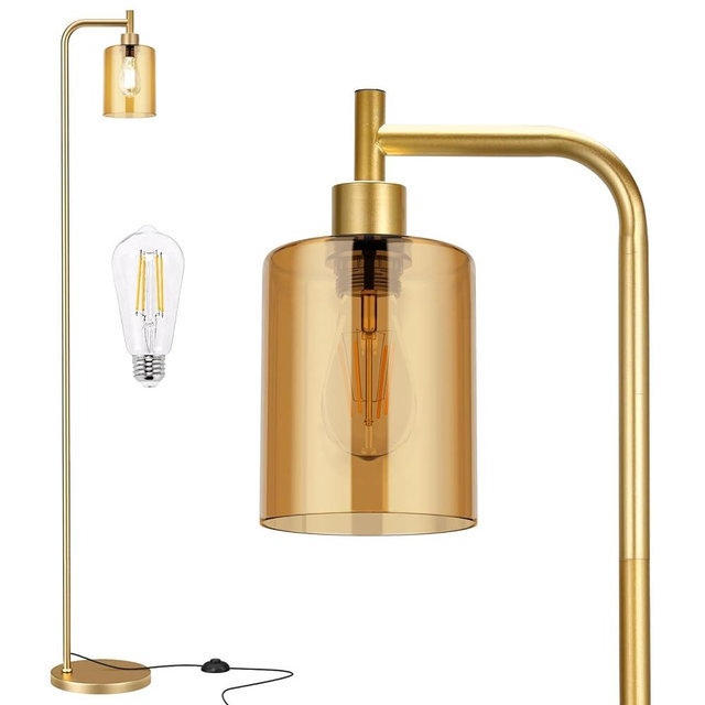 Ziisee Floor Lamps for Living Room - Gold Standing Lamp with Glass Lampshade, Modern Floor Lamp with LED Bulbs, Bright Industrial Floor Lamp for Bedroom, Farmhouse Tall Lamp for Office