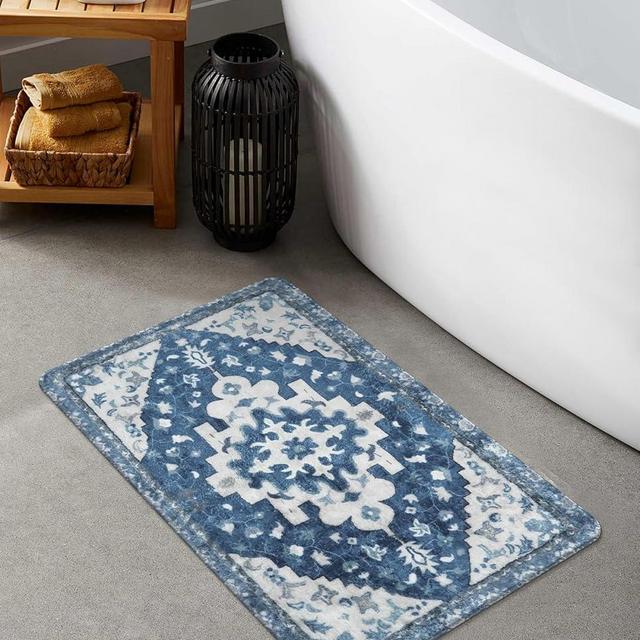 Uphome Vintage Bathroom Rug Blue Boho Non-Slip Bathroom Mat Oriental Soft Machine Washable Bath Rugs Cute Tribal Floral Floor Mats for Sink Tub Door Mat, 18x25 inch