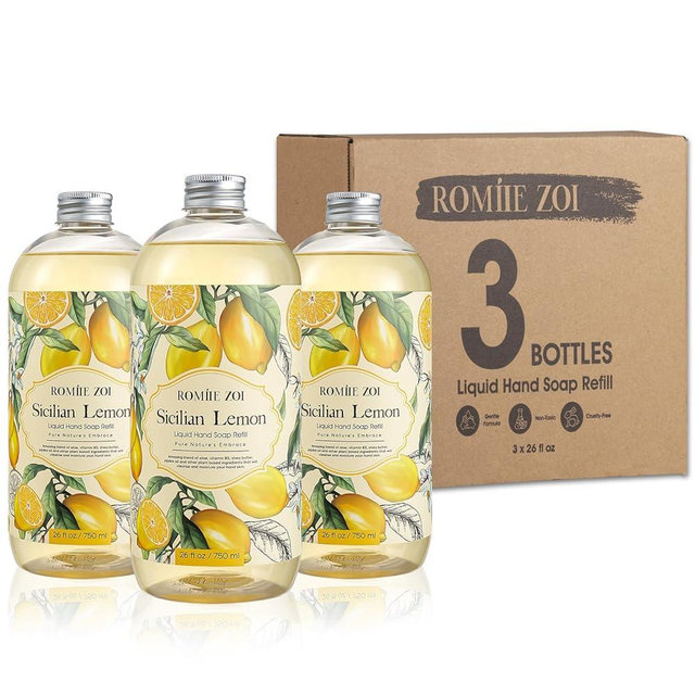 ROMIIE ZOI Lemon Scent Liquid Hand Soap Refills - Natural, Gentle & Moisturizing Formula - Family Size 3 Pack, Ideal for Liquid Soap Dispensers in Kitchen and Bathroom