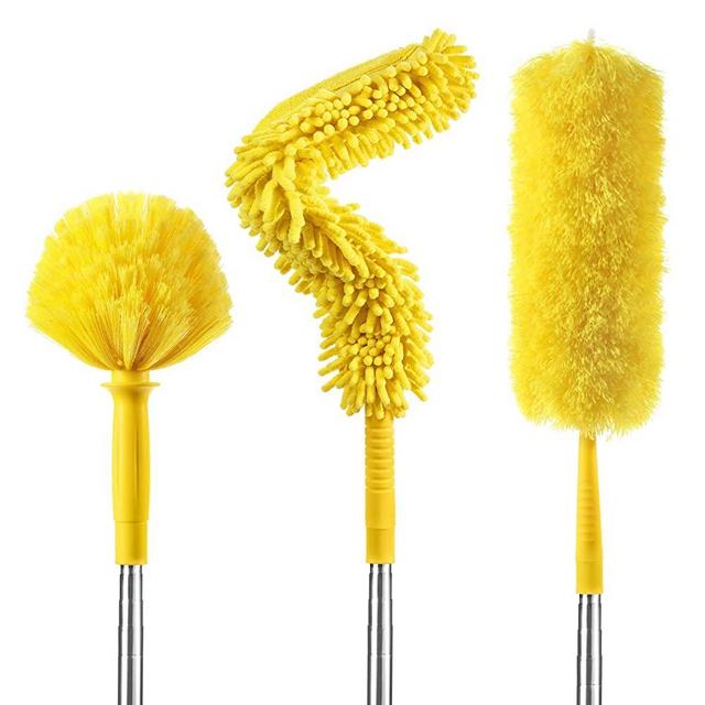 17 Foot High Reach Duster Kit with 2-9 Foot Extension Pole, Newliton 3-in-1 High Ceiling Chenille Duster, Microfiber Duster, Cobweb Duster, Indoor & Outdoor Extendable Bendable Duster Cleaning Set