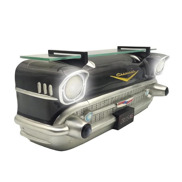 SUNBELTGIFTS 1957 Bel Air Car Floating Shelf with Working LED Headlights, Black, Battery Operated, Measures 20.0 x 6.1 x 8.0 inches, Weight 8 pounds, Tempered Glass Shelf, Recessed Brackets.