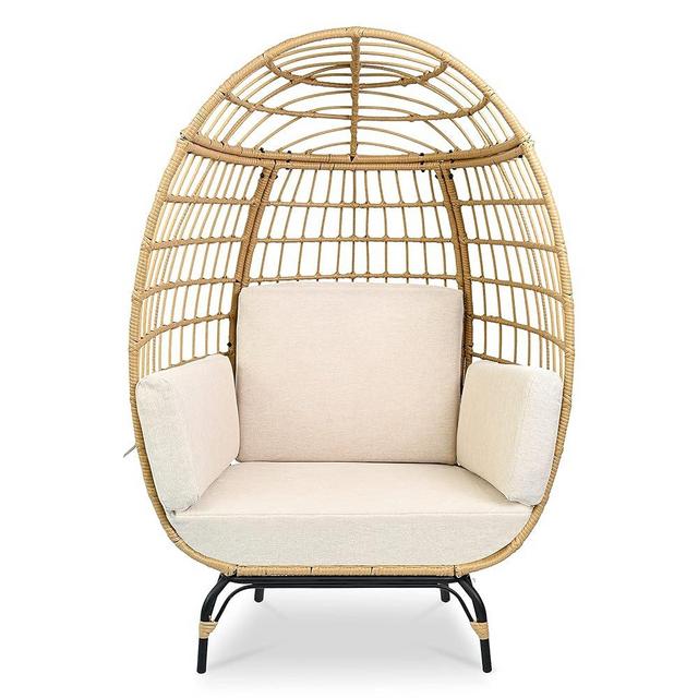 Jovial Wicker Rattan Egg Chair,Indoor Outdoor White Sofa Chair for Patio Backyard and Living Room with 4 Cushions and Powder Coated Steel Frame,Woven Texture Contemporary Ribbed Back Design