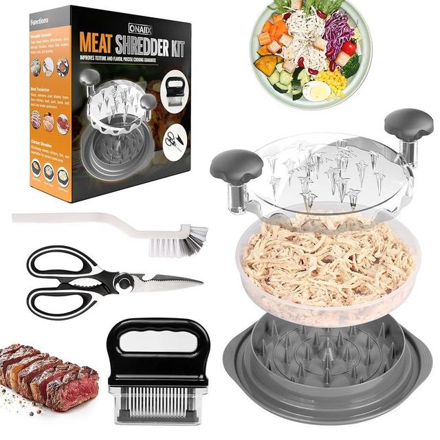 Chicken Shredder Tool Twist Large - 48 Sharp Needle blade Meat Tenderizer, Kitchen Scissors, Brush (4 Items) - Heavy Duty Stainless Steel, Ergonomic, Anti-Slip, Dishwasher Safe, Christmas Cooking Set