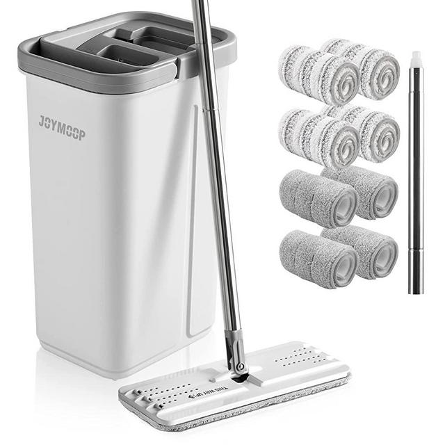 JOYMOOP Mop and Bucket with Wringer Set, Hands Free Flat Floor Mop and Bucket, with 8 Washable Microfiber Pads and Extended Mop Handle, Wet and Dry Use, Floor Cleaning System