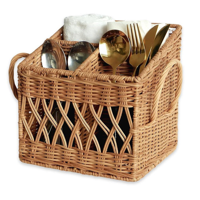 Chi An Home Wicker Utensil Holder For Countertop, Rattan Farmhouse Cutlery Caddy, Handwoven Party Silverware Organizer For Knife, Spoons, Multi-Use 4-Compartment (Square)