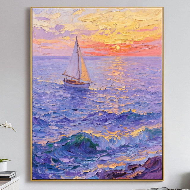 Original Impressionist Sailboat Seascape Oil Paintingon Canvas, Hand Painted Sunset Ocean Wall Art, , Romantic Textured Large Decor for Home