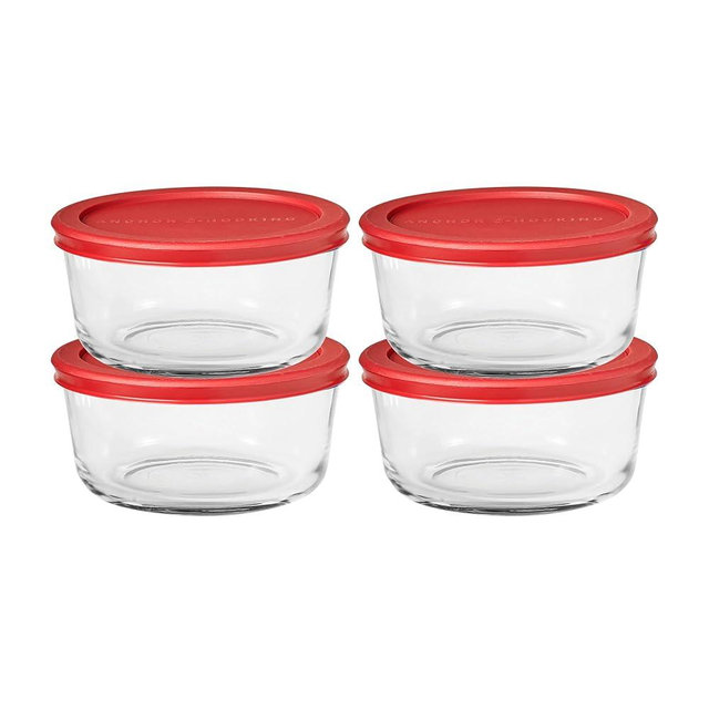 Anchor Hocking SnugFitTM Round Food Storage Containers with Lids (4-Piece, 4-cup, Red, oven-safe)