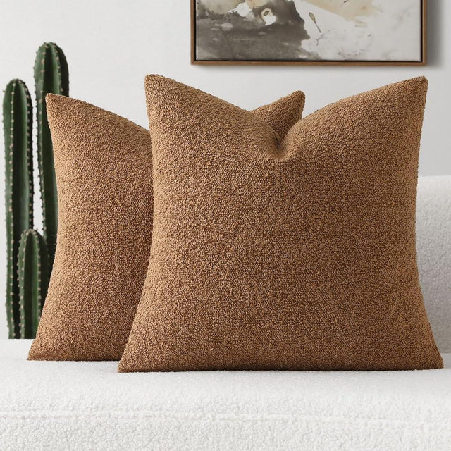 FUTEI Pack of 2 Tobacco Boucle Accent Decorative Throw Pillow Covers,18x18 Inch Soft Solid Textured Cushion Case,Home Decor for Couch Bed Living Room