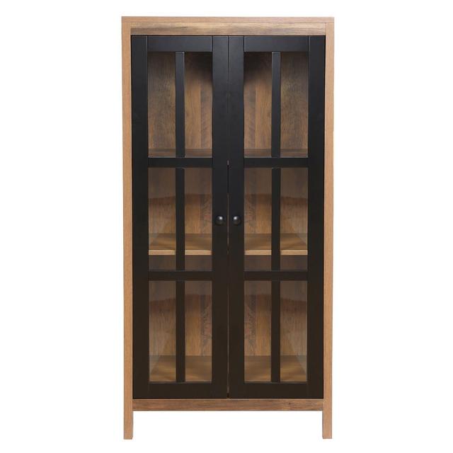 LuxenHome Natural Wood Glass Doors 47.25" H Accent Curio Storage Cabinet. Brown