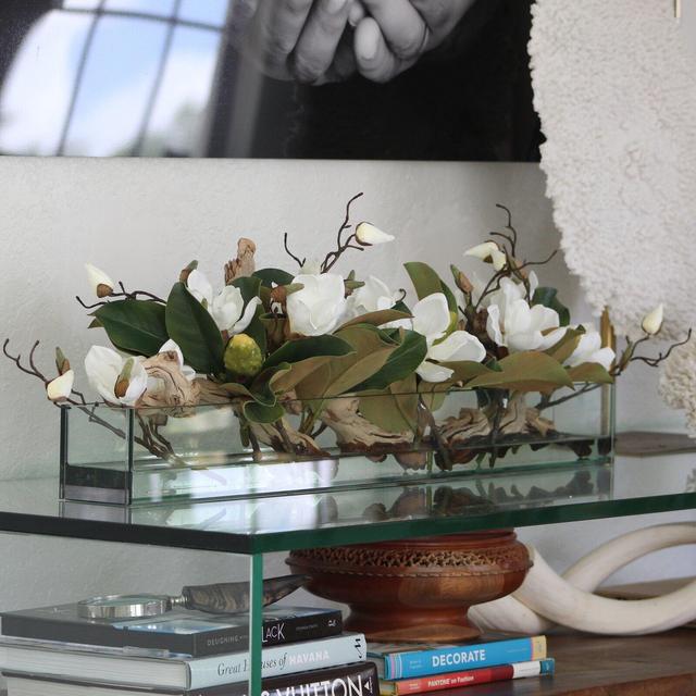 Glass Plate Magnolia Floral Arrangement And Centerpiece In Planter