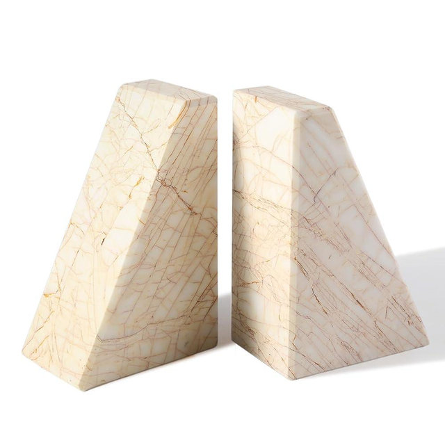 Marble Bookends，Natural Decorative Bookend for Shelves, Non-Skid Book End for Heavy Books, Idea Book Stoppers & Holder for Desk Bookshelf Decor, Modern Home Decor Cream Color Book Ends, Set of 2