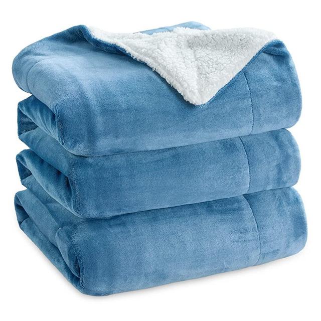 Bedsure Sherpa Fleece Bed Blankets Queen Size - Washed Blue Thick Fuzzy Warm Soft Large Queen Blanket for Bed, 90x90 Inches