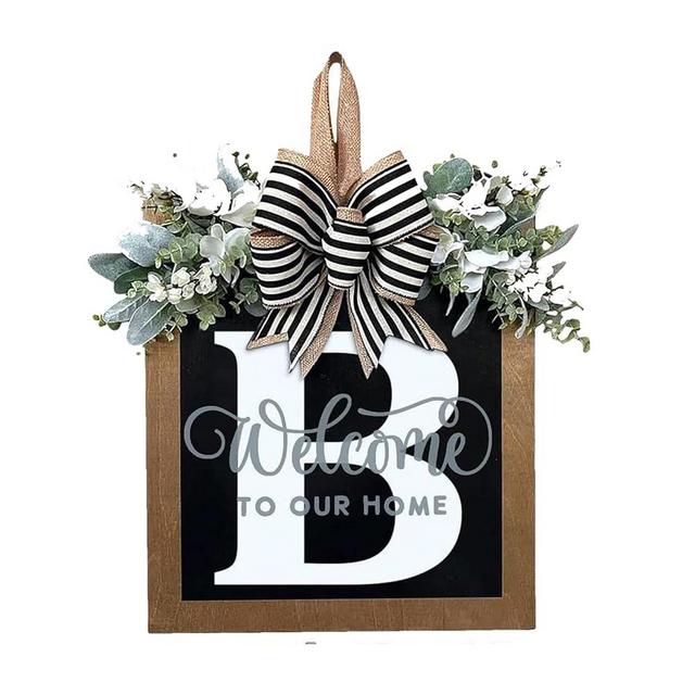 2024 New Last Name Year Round Front Door Wreath Front Porch Decoration 26 Letter Welcome Sign with Eucalyptus Garland and Bow Spring Wreaths for Front Door Outside Hanger Garland (B)